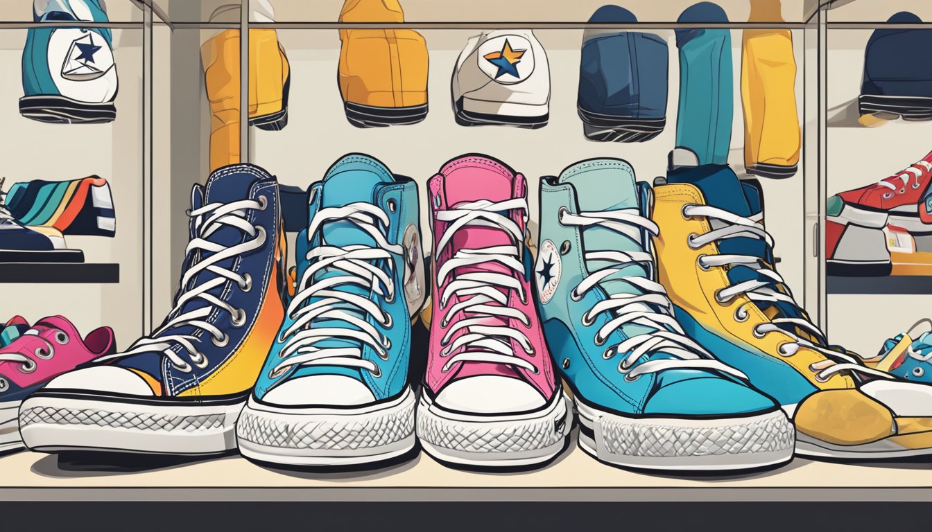 A pair of Converse sneakers sits on a clean, modern store display in Singapore. The iconic logo is prominently featured, and the shoes are surrounded by other trendy footwear options