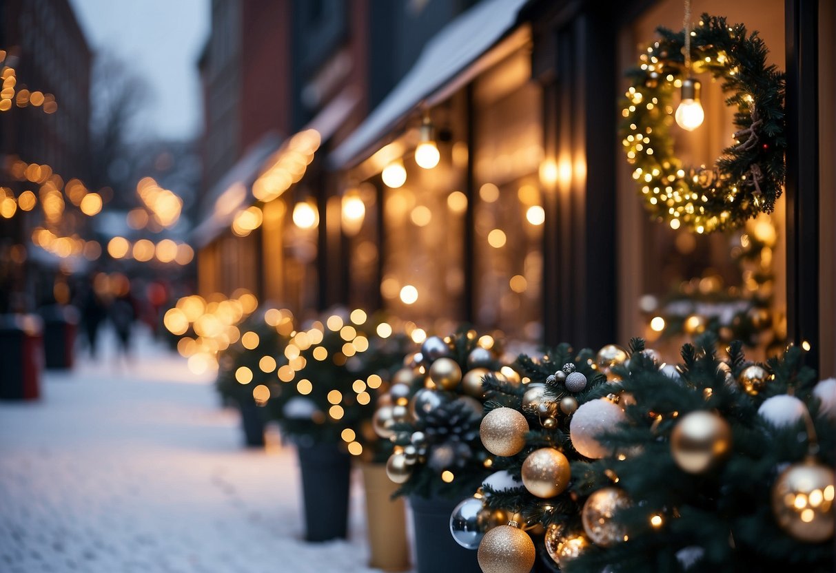 An outdoor scene with a variety of Christmas decorations, including lights, wreaths, and figurines. A clear pathway and well-lit areas with no obstructions. Stores in the background selling outdoor decorations