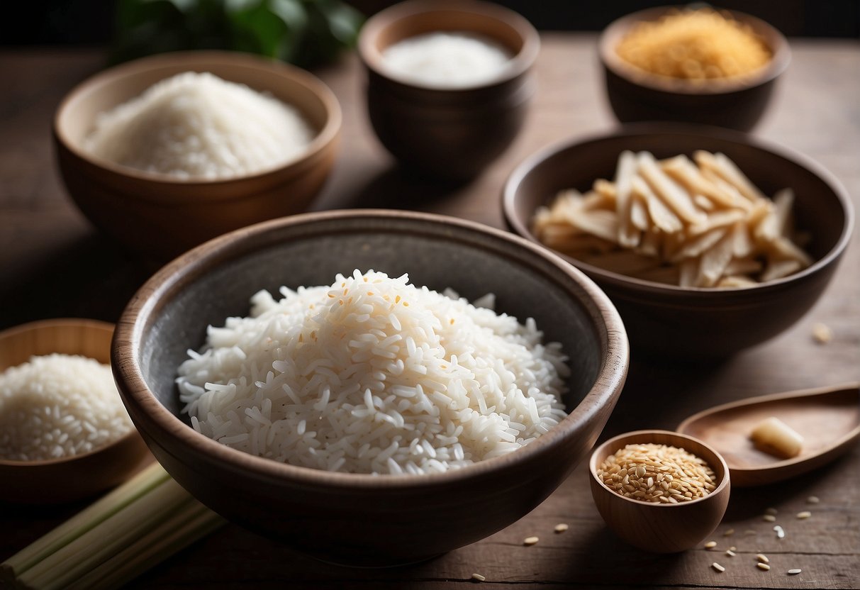 A bowl of rice flour sits next to a traditional Chinese steamer, with ingredients like sesame seeds and coconut milk scattered around