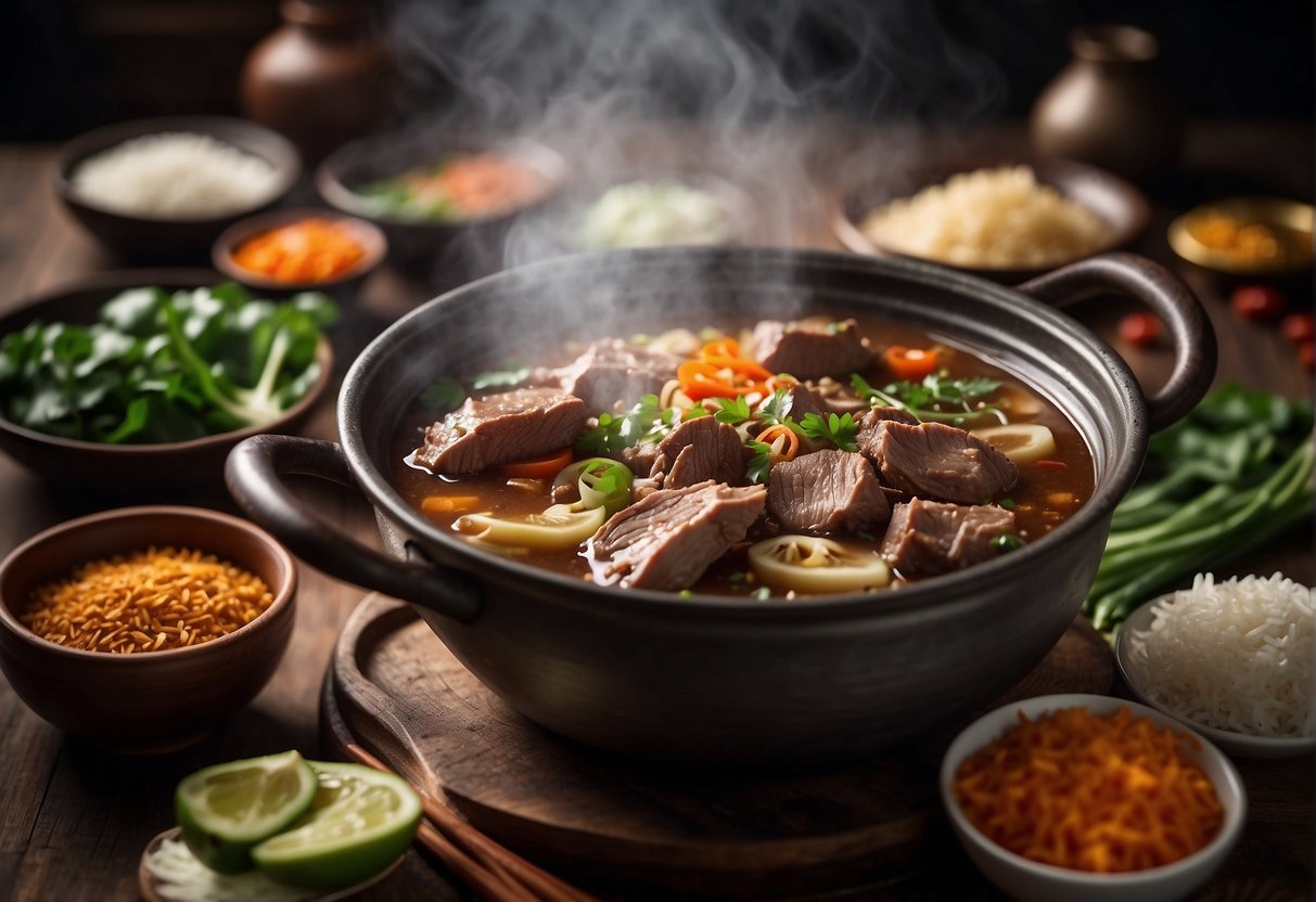 A steaming pot of Chinese mutton stew with fragrant spices and herbs, surrounded by bowls of fresh ingredients and chopsticks