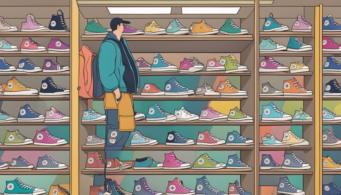 A colorful array of Converse sneakers displayed on shelves, with customers browsing and trying on different styles