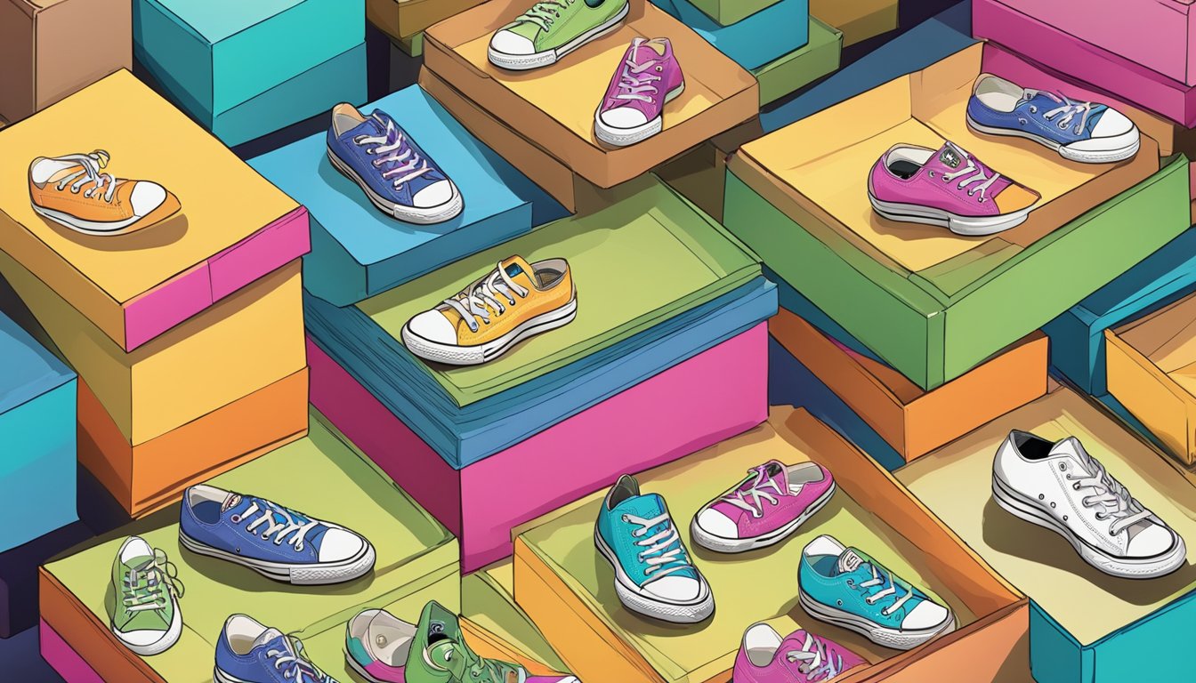 A stack of colorful Converse shoe boxes with "Frequently Asked Questions" signage, surrounded by curious customers and a helpful salesperson