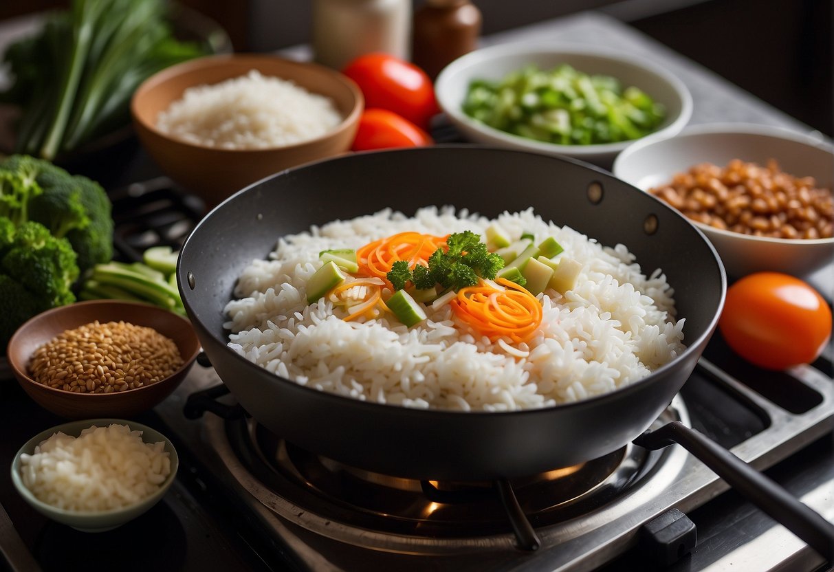 A table with bowls of rice flour, soy sauce, sesame oil, and various vegetables. A wok sits on a stove, ready for cooking