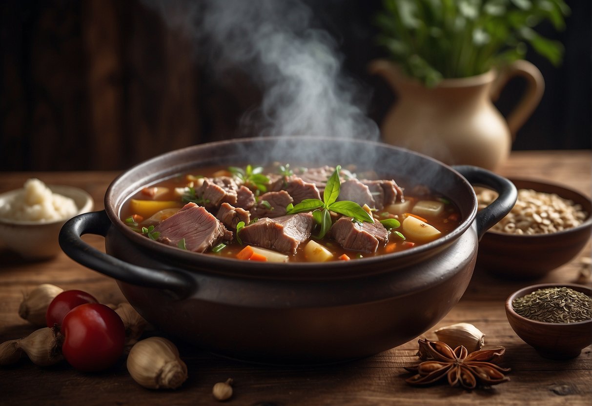 A steaming pot of Chinese mutton stew sits on a rustic wooden table, surrounded by traditional spices and herbs. The aroma of ginger, garlic, and star anise fills the air, evoking the rich cultural significance of this ancient recipe