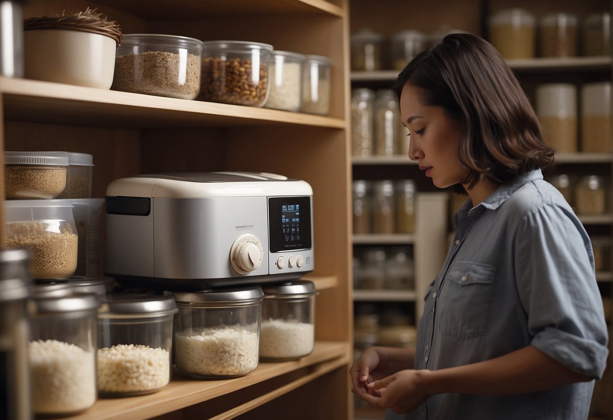 A person selects a rice cooker from a shelf, surrounded by various types of rice and recipe books
