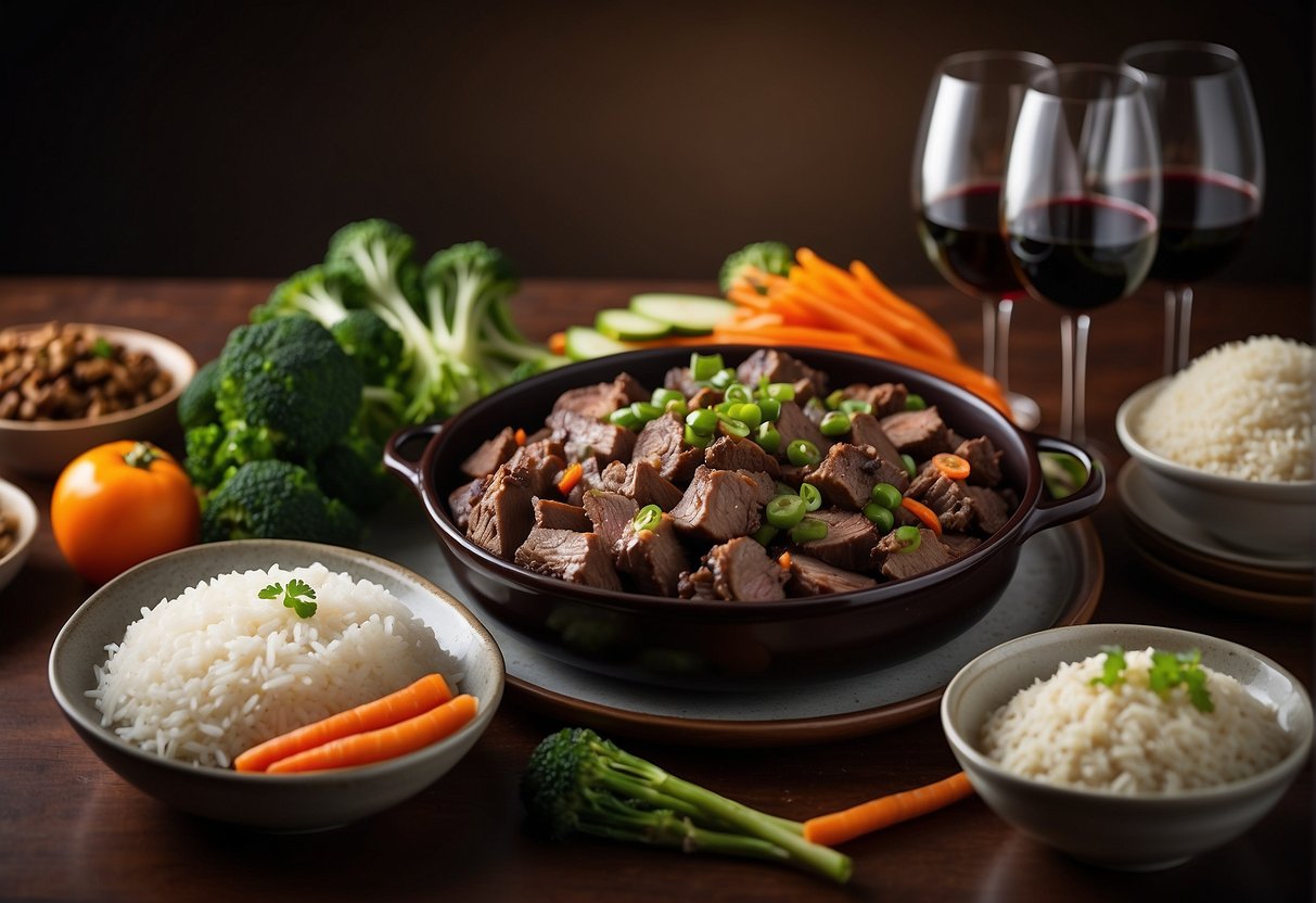 A platter of Chinese mutton dish surrounded by bowls of rice, steamed vegetables, and a bottle of red wine