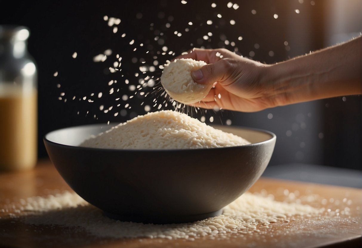 A hand mixing rice flour with water in a bowl, forming a smooth dough