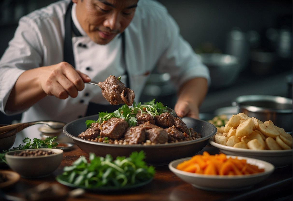 A chef prepares Chinese mutton dish with dietary considerations, using fresh herbs and spices