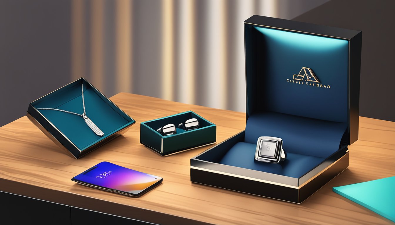 A sleek, modern cufflink box sits on a polished wooden surface, surrounded by soft, indirect lighting. A computer screen in the background displays an online cufflink store