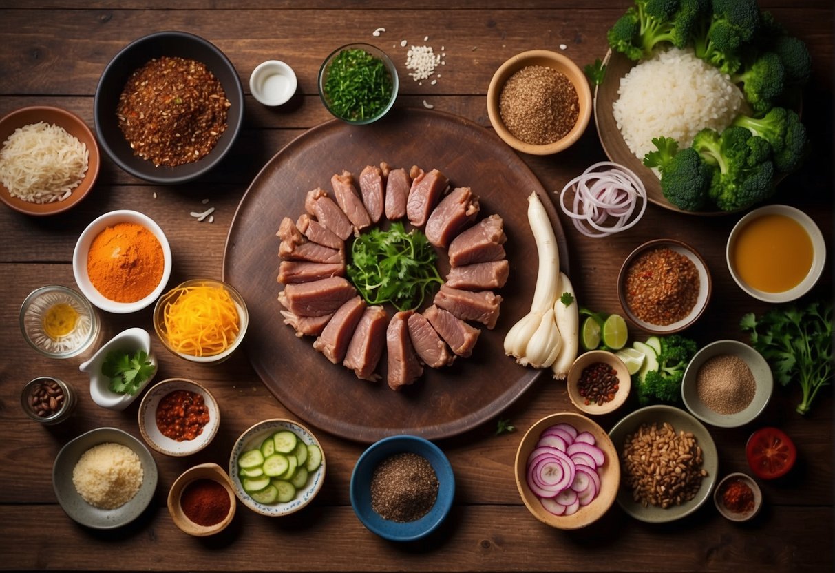 A chef preparing Chinese mutton dish with various ingredients and spices laid out on a wooden table