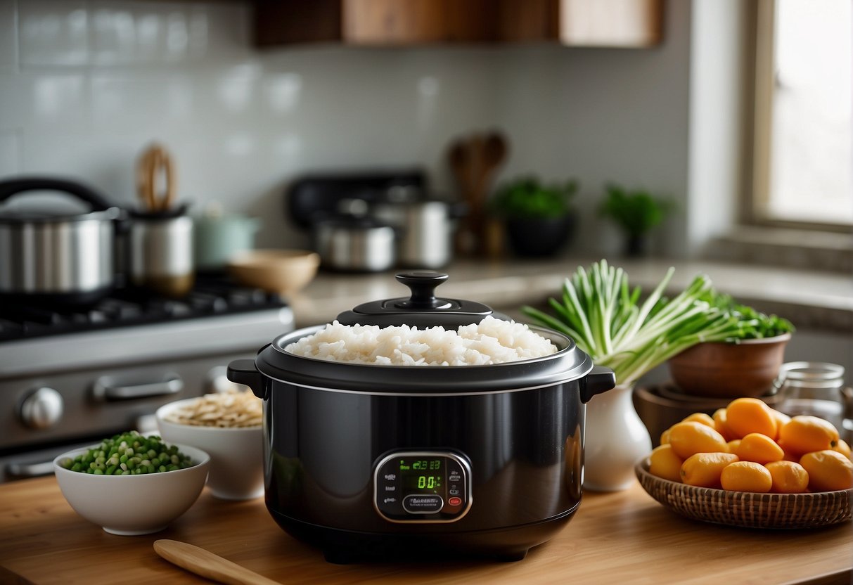 A rice cooker sits on a kitchen counter, surrounded by essential Chinese ingredients like soy sauce, ginger, and green onions. A bowl of washed rice and a cutting board with chopped vegetables are nearby
