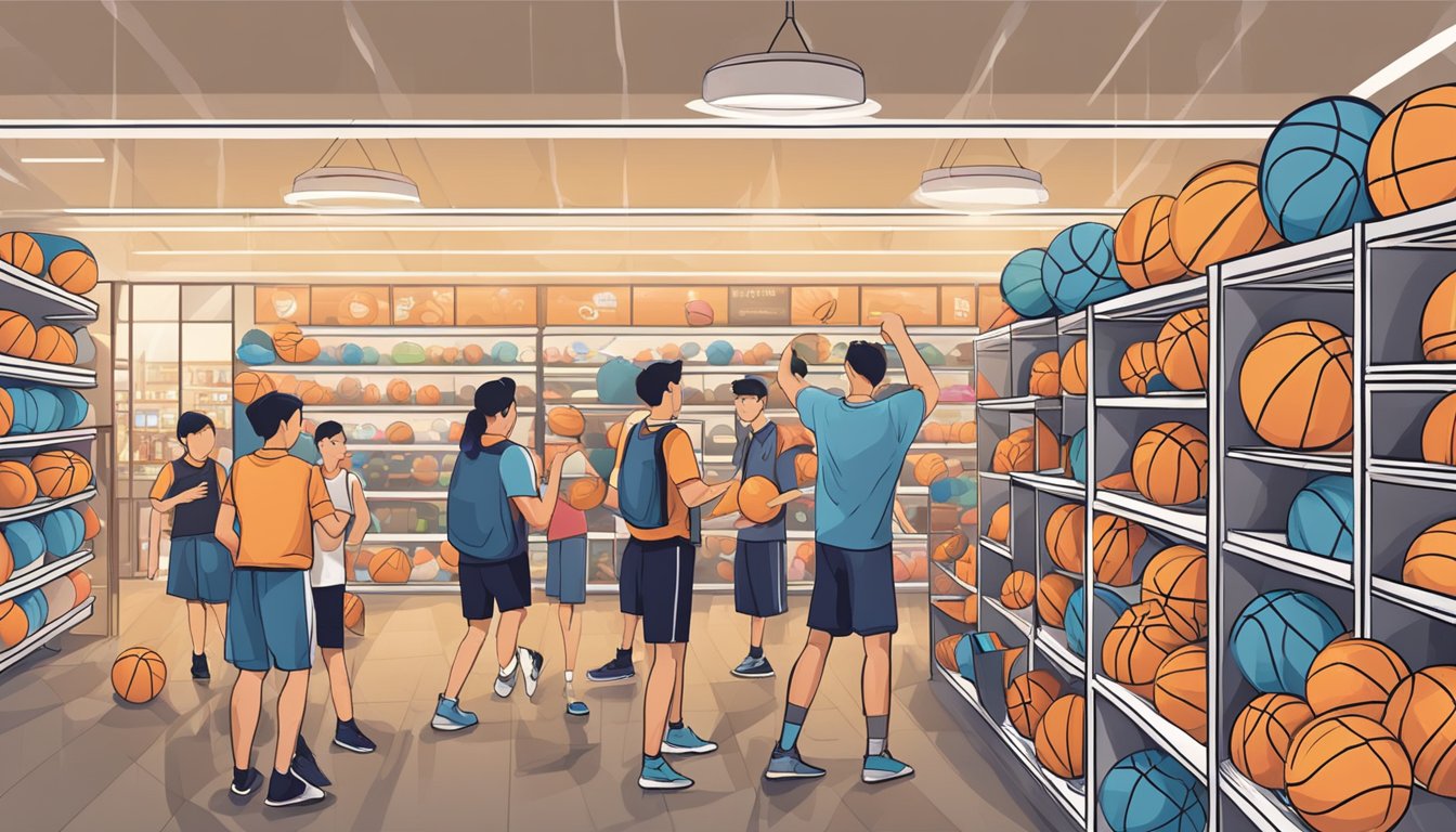 A crowded sports store with shelves of discounted basketballs in Singapore. Customers browsing and asking staff for help