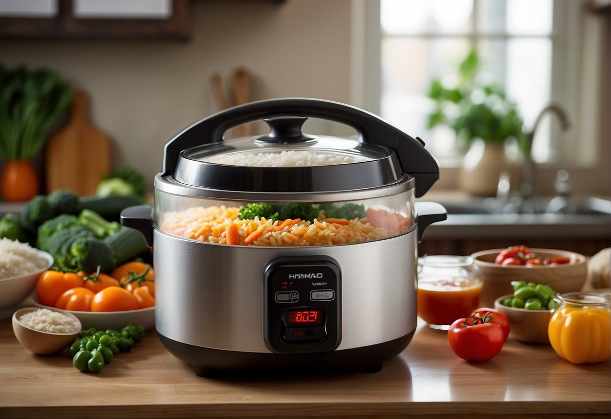 A rice cooker sits on a kitchen counter, steam rising from its open lid. Surrounding it are various ingredients like vegetables, meats, and sauces, ready to be added to create delicious Chinese-inspired dishes