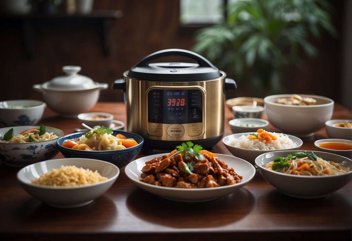 A table set with a variety of Chinese dishes, accompanied by a rice cooker and serving suggestions