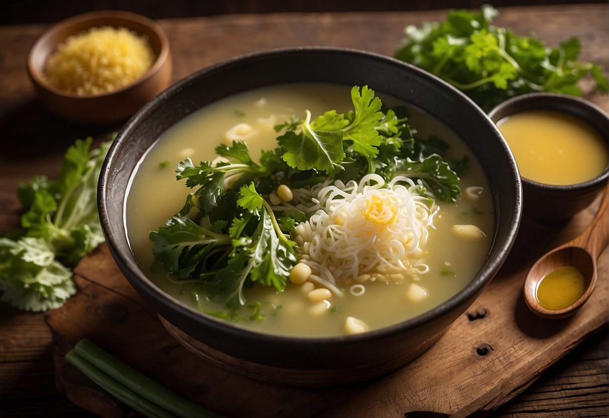 A steaming pot of Chinese mustard soup sits on a rustic wooden table, surrounded by fresh mustard greens, ginger, and other ingredients