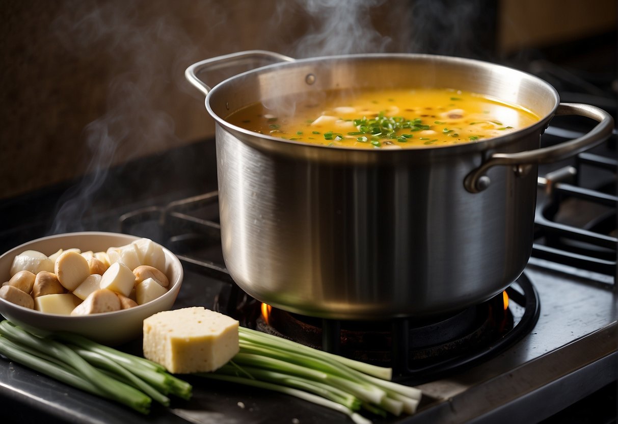 A pot simmering on a stove with Chinese mustard, broth, tofu, mushrooms, and green onions. A bowl of cornstarch slurry sits nearby for thickening