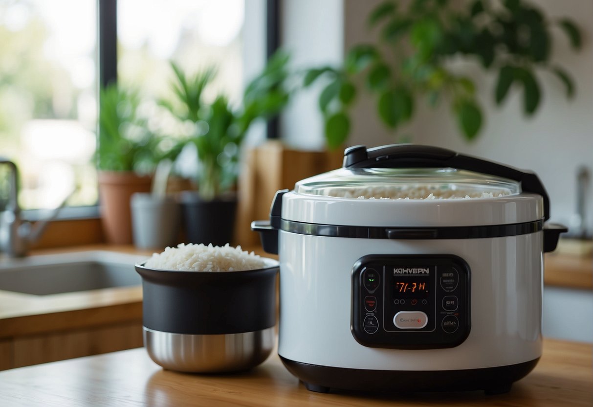 A rice cooker sits on a clean kitchen counter. Steam rises from the top as perfectly cooked grains of rice fill the interior, ready to be served