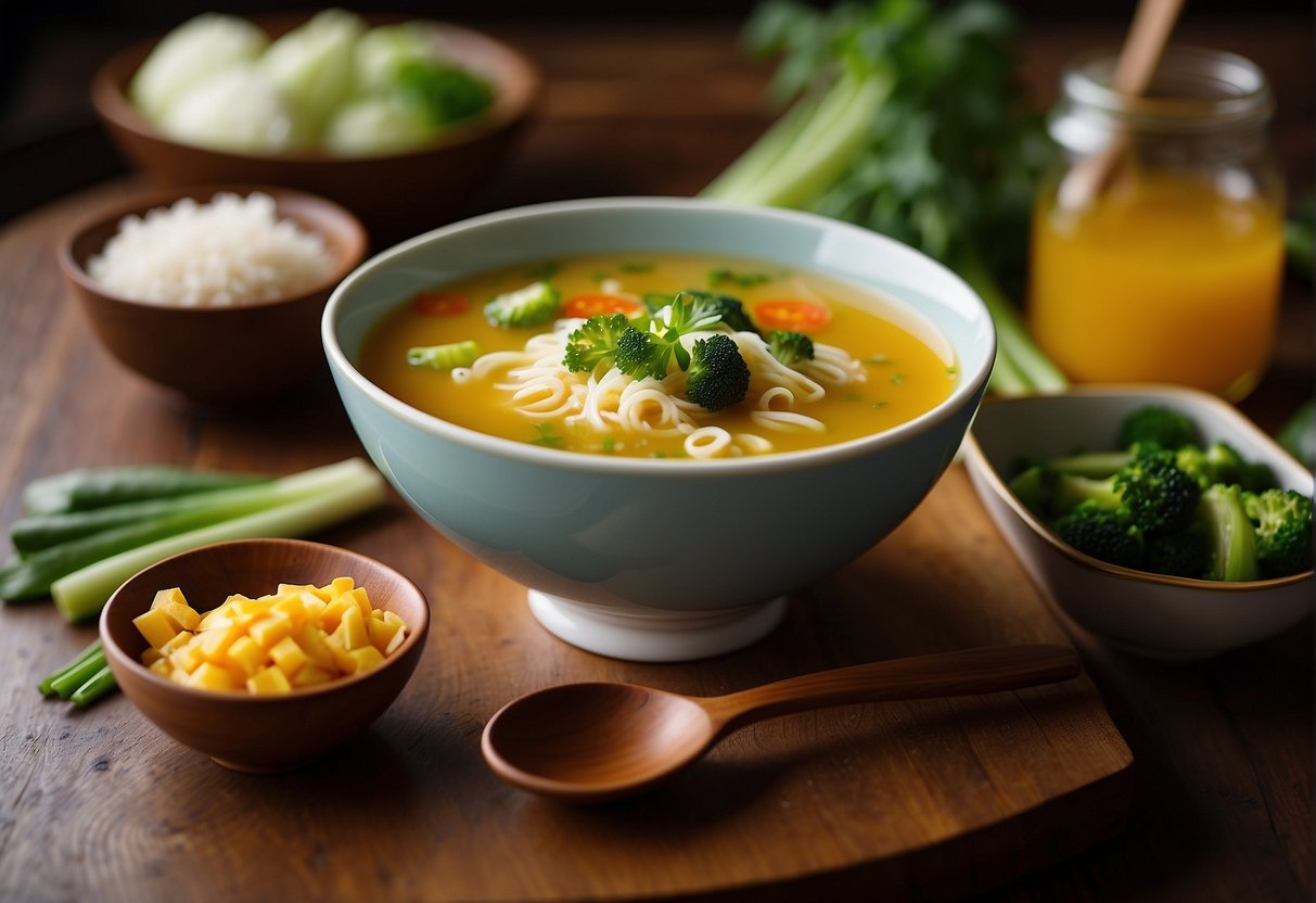 A steaming bowl of Chinese mustard soup sits on a wooden table, surrounded by fresh vegetables, a spoon, and a pair of chopsticks