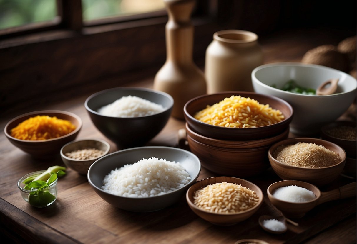 A kitchen counter with bowls of rice flour and ingredients, a recipe book open to Chinese dishes, and cooking utensils laid out for preparation