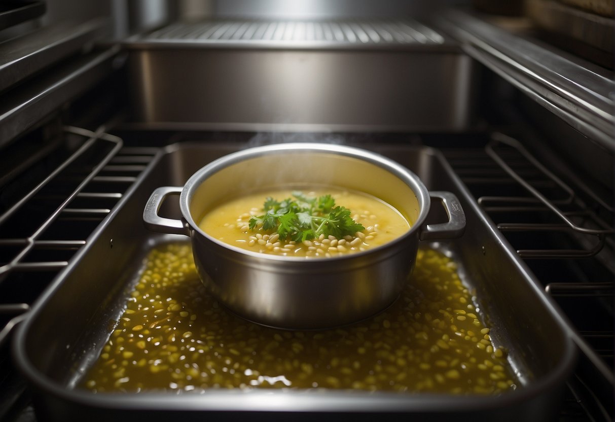 A pot of Chinese mustard soup being stored in the fridge and later reheated on the stove