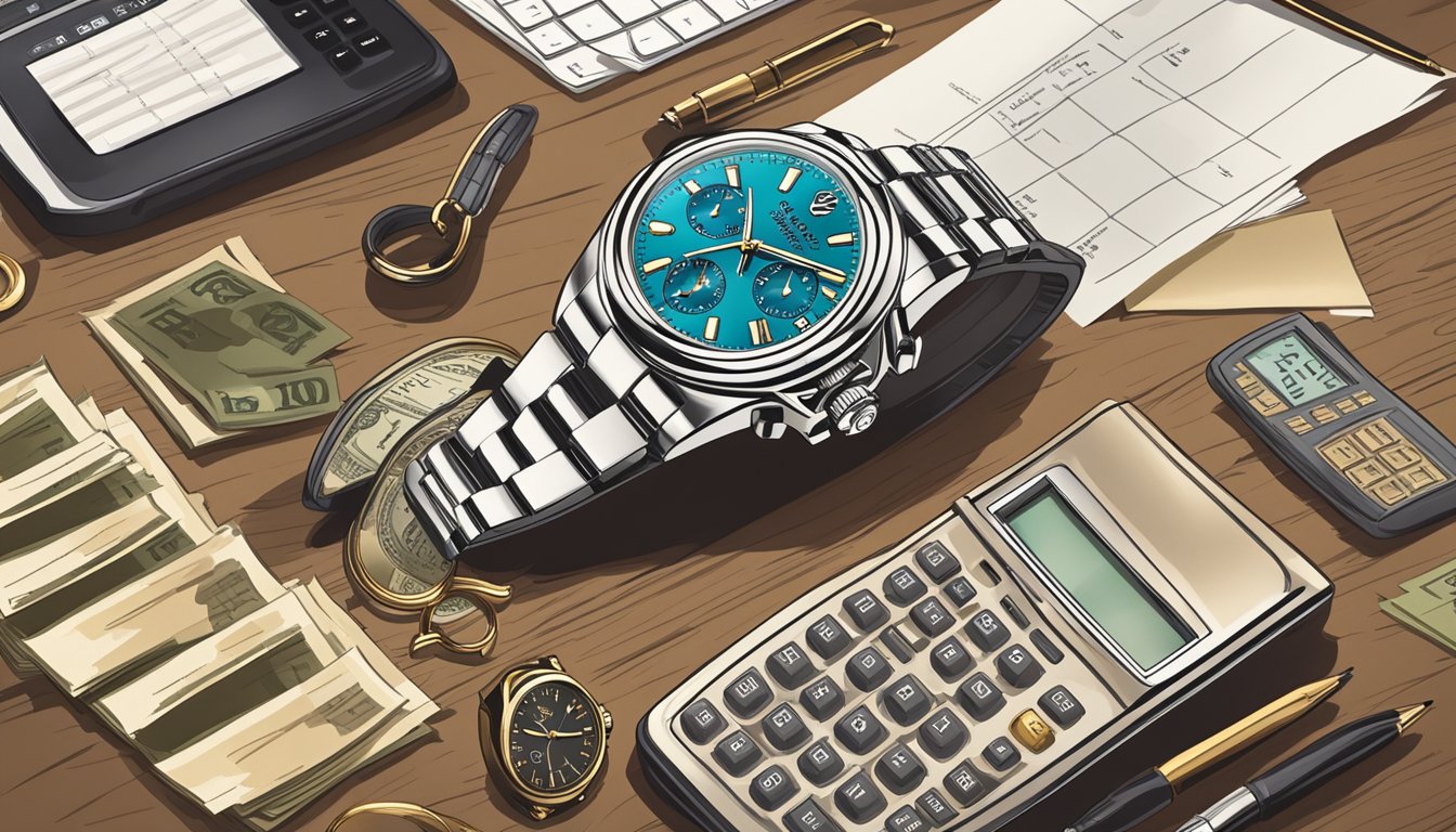 A luxurious watch displayed on a polished wooden surface, surrounded by financial documents and a calculator, symbolizing the investment in a Rolex through installment payments in Singapore