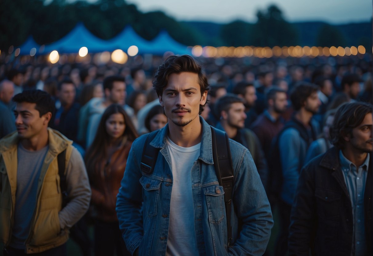 Crowd in open field, under starry sky, wearing light jackets, denim jeans, and comfortable shoes. Music stage in background, illuminated by colorful lights