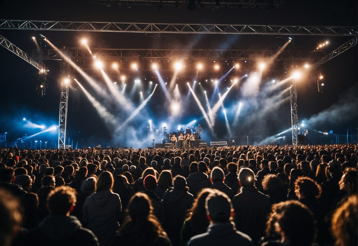 Crowded outdoor concert at night, people in light jackets, beanies, and scarves, layered clothing for warmth, stage lights illuminating the scene