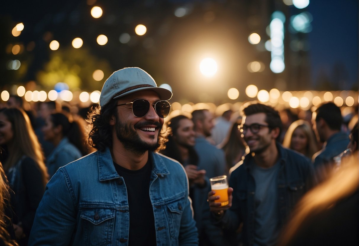 Crowd at night outdoor concert, wearing hats, sunglasses, and light jackets. Some holding drinks and snacks. Bright stage lights and music in the background