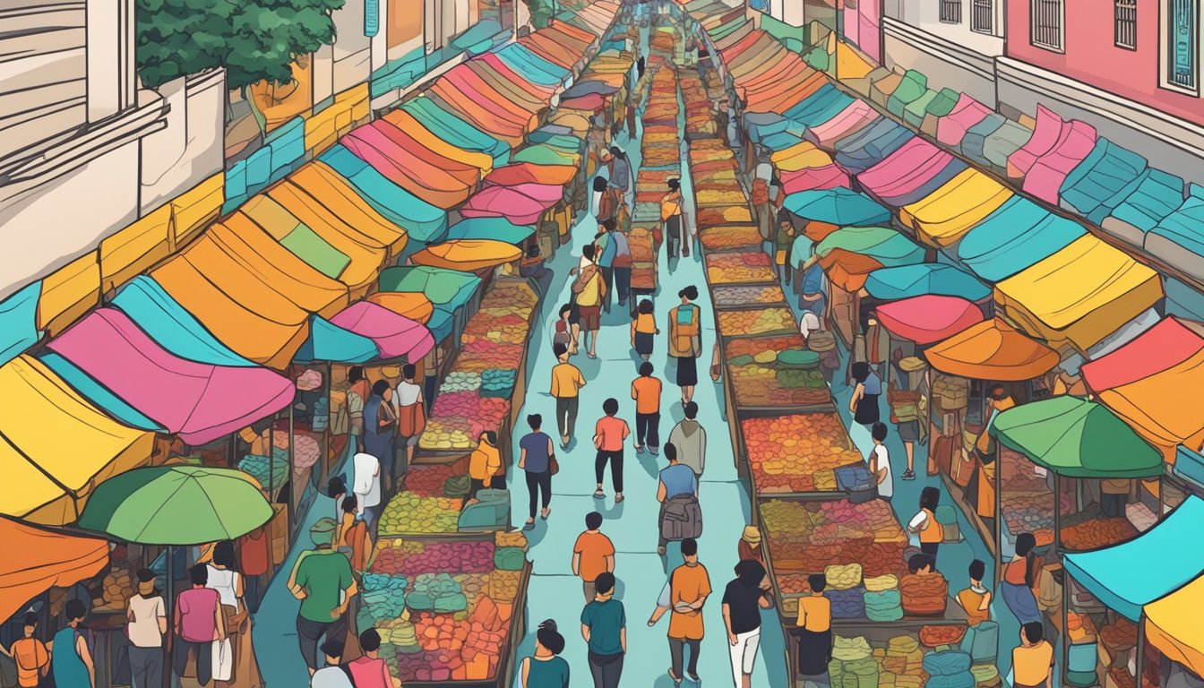A crowded street market with rows of leather shoe stalls in Singapore. Brightly colored signs advertise cheap prices
