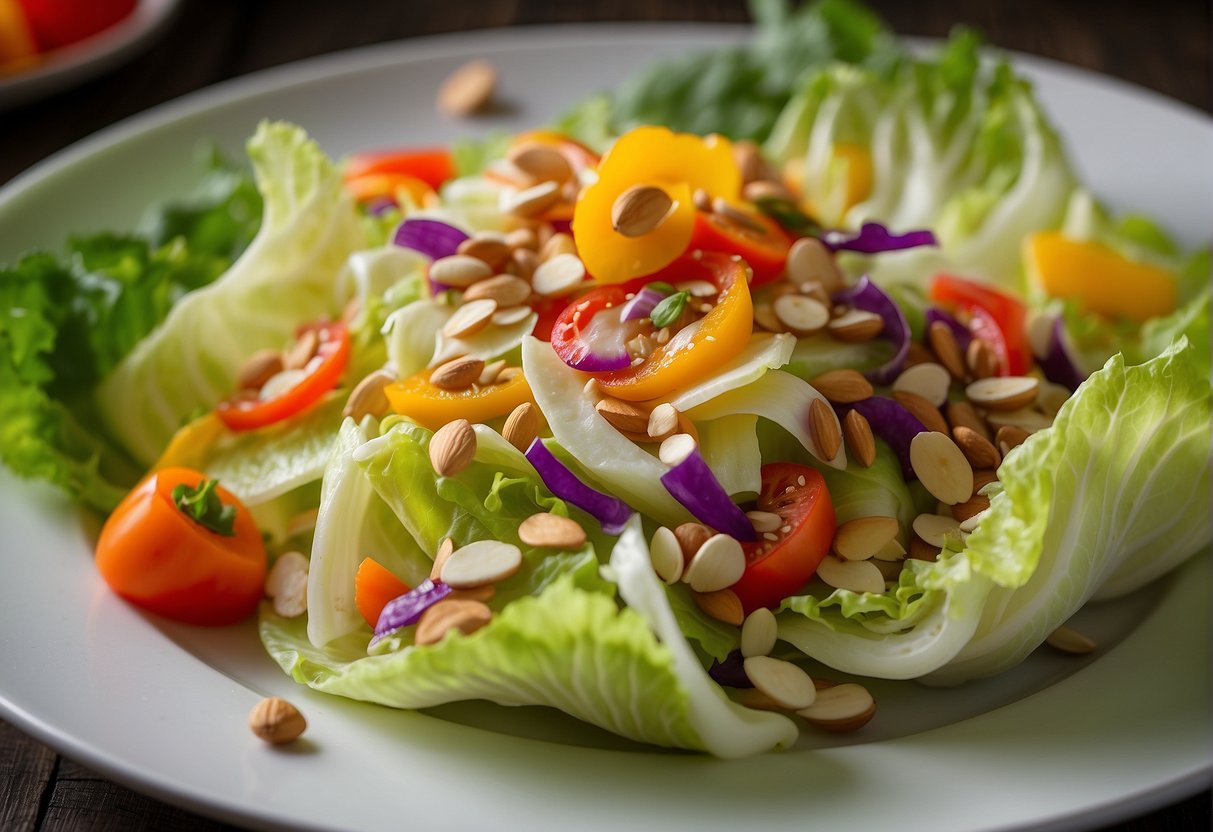 A vibrant Chinese napa cabbage salad with colorful bell peppers, crunchy almonds, and a tangy sesame dressing, displayed on a white ceramic plate
