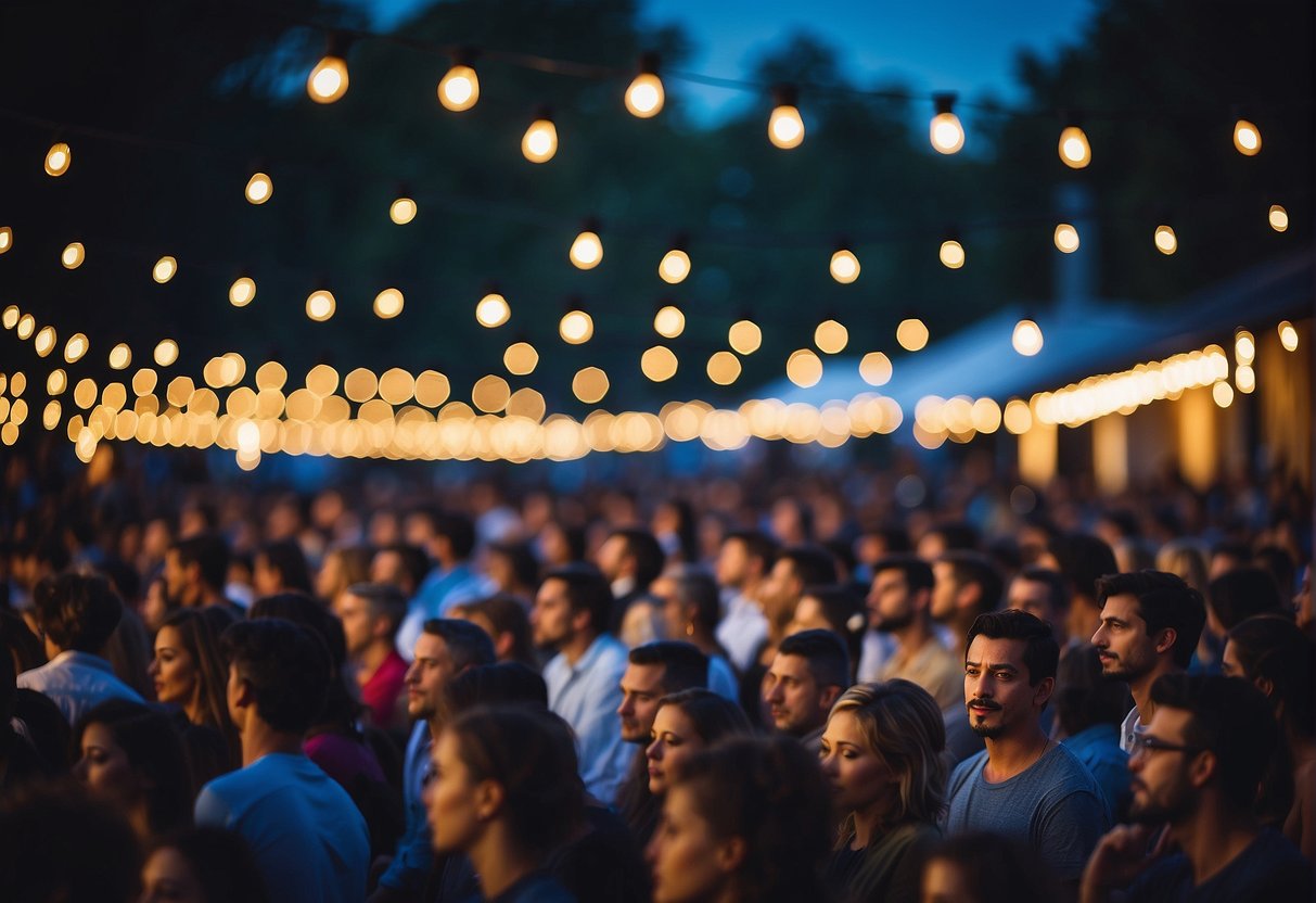 Crowd in casual attire under string lights at outdoor concert. Cool breeze, relaxed atmosphere