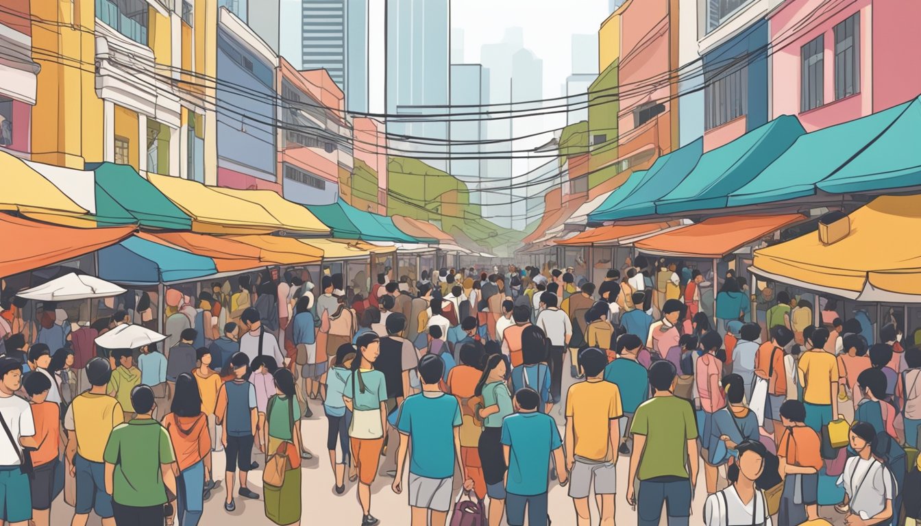 A crowded street market in Singapore showcases rows of affordable leather shoes, with colorful displays and eager shoppers