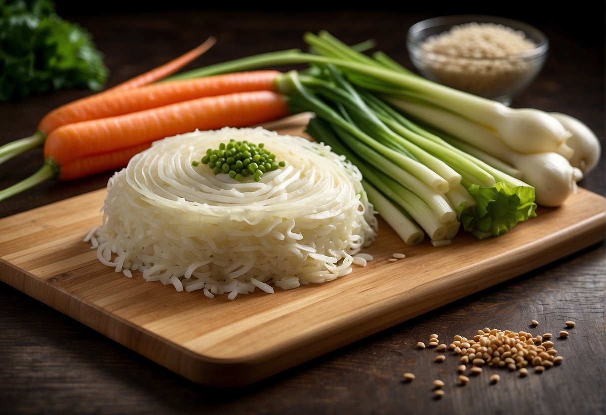 A wooden cutting board with sliced napa cabbage, carrots, and green onions, surrounded by a bowl of sesame seeds, soy sauce, and rice vinegar