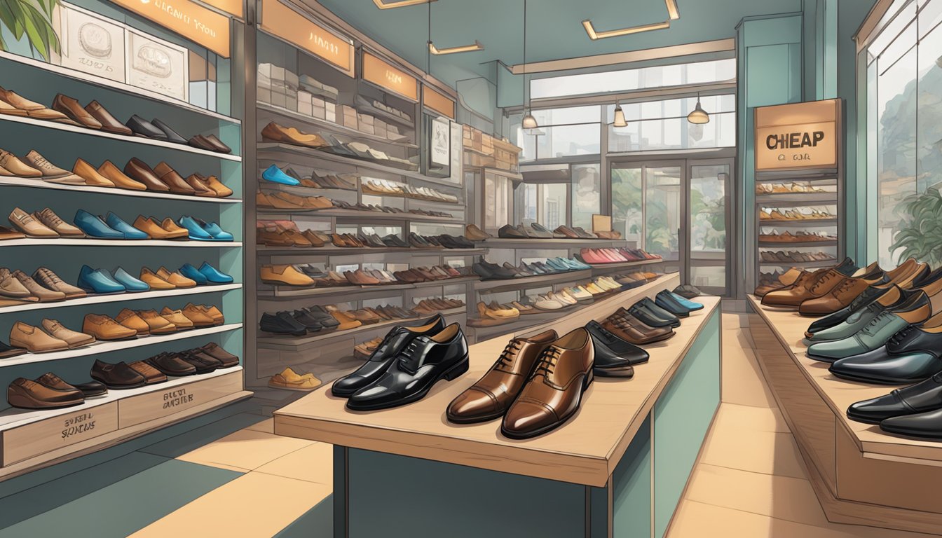 A display of leather shoes in various styles and colors, with price tags and signage indicating "cheap" options. Singaporean storefront in the background