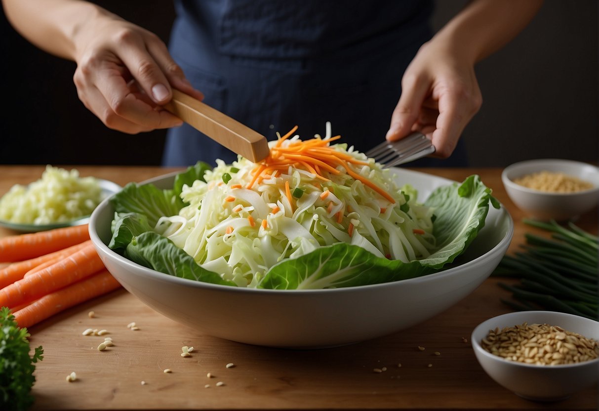 Fresh napa cabbage, carrots, and green onions are being chopped and mixed with a tangy dressing in a large bowl. Ingredients like sesame seeds and almonds are being sprinkled on top