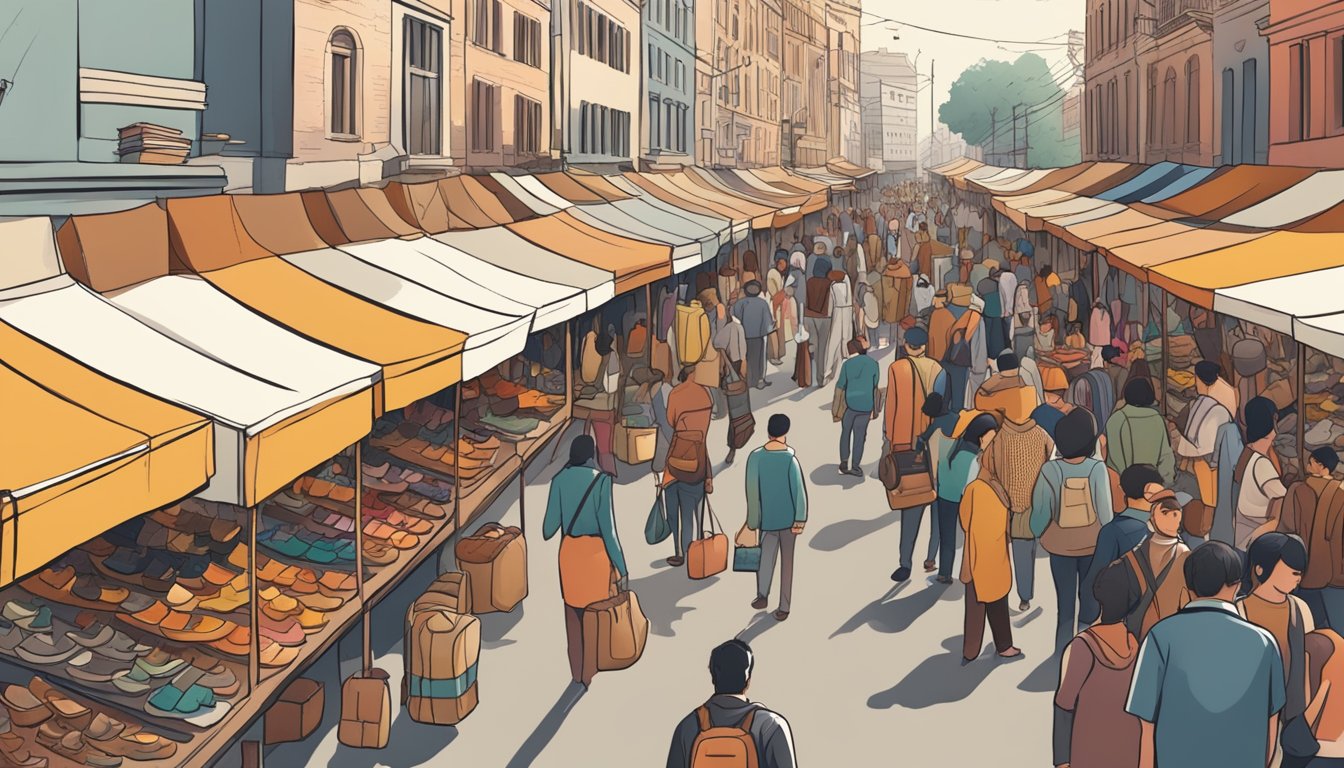 A bustling street market with rows of leather shoes on display, vendors calling out prices, and customers browsing for deals