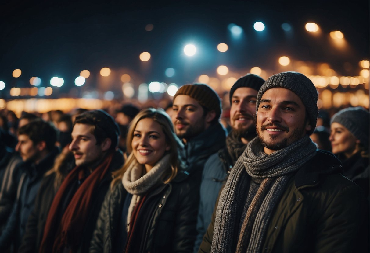 A group of people at an outdoor concert at night, wearing light jackets, hats, and scarves to stay warm in the cool evening air