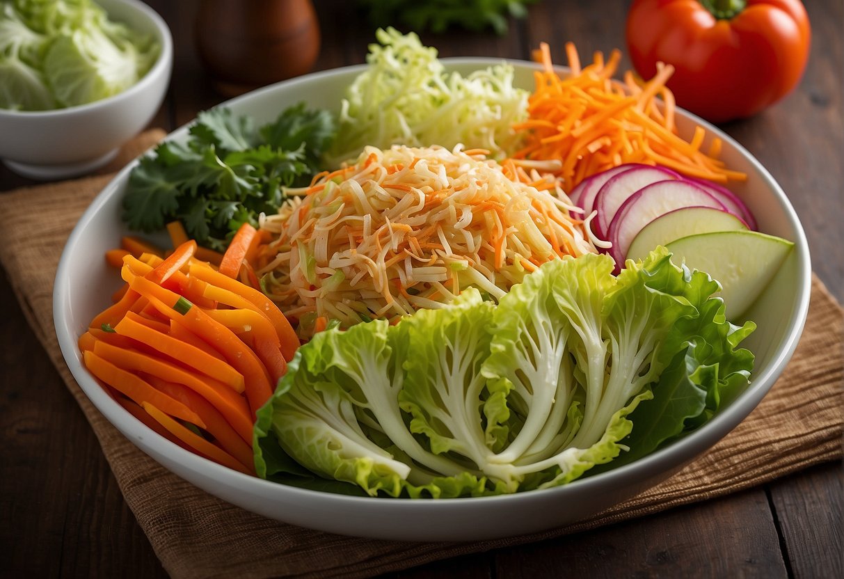A colorful array of fresh napa cabbage, shredded carrots, sliced bell peppers, and crunchy wonton strips are artfully arranged in a large salad bowl, waiting to be drizzled with a tangy sesame dressing