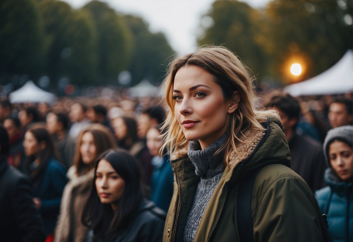 People in outdoor concert, wearing warm and comfortable clothes, moving freely in the open space