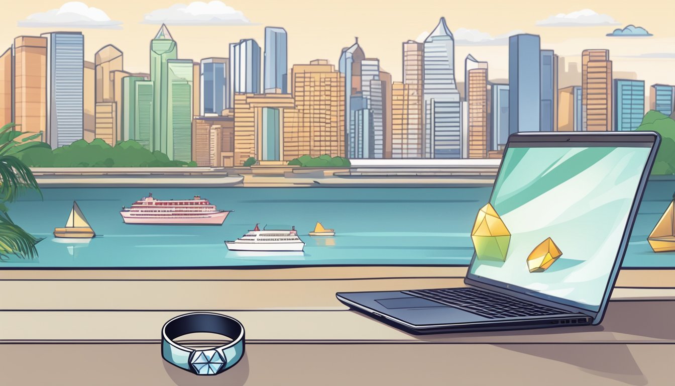 A computer screen displaying a diamond ring on an online store website, with a Singaporean landmark in the background