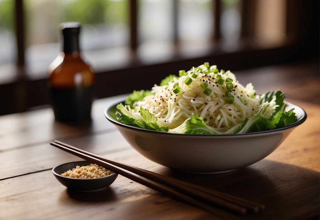 A bowl of Chinese napa cabbage salad sits on a wooden table, surrounded by chopsticks, a bottle of soy sauce, and a plate of sliced green onions