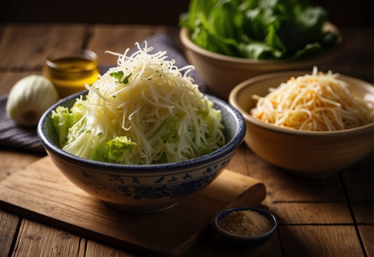 A bowl of Chinese napa cabbage salad sits on a wooden table next to a jar of dressing and a pile of leftover ingredients