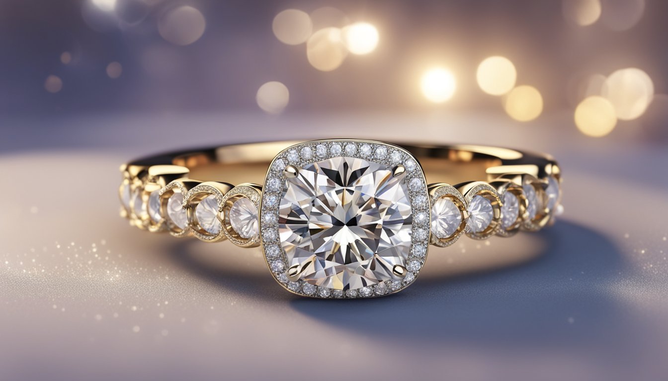 A sparkling diamond ring rests on a velvet cushion, catching the light and casting a mesmerizing glow. It is surrounded by a display of other exquisite jewelry, creating a sense of luxury and elegance