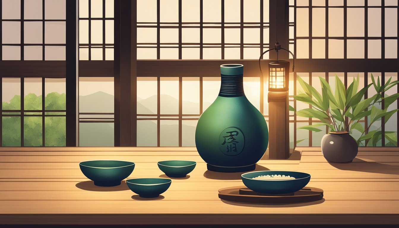 A bottle of Dassai 23 sake sits on a wooden table, surrounded by traditional Japanese sake cups and a bamboo mat. The soft glow of a lantern illuminates the scene, creating a peaceful and inviting atmosphere