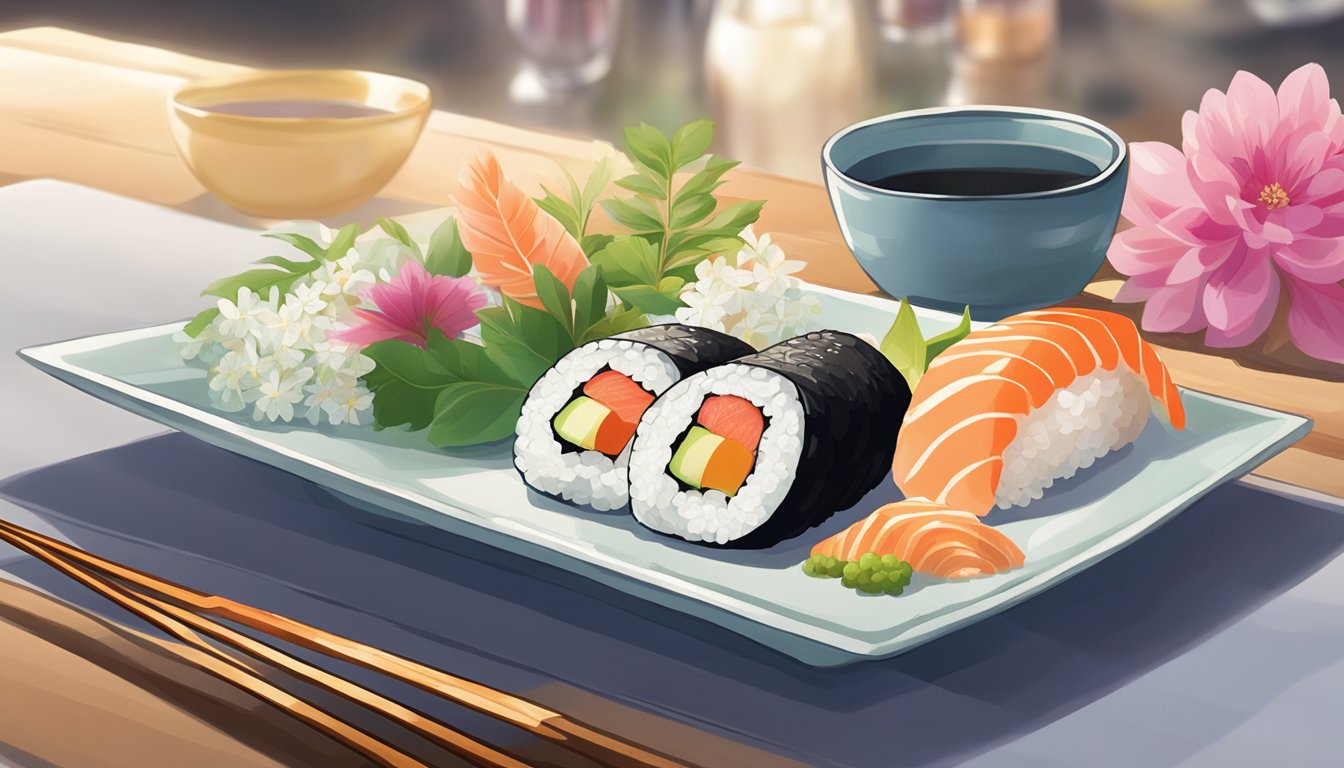A glass of Dassai 23 is placed next to a plate of sushi, with a floral arrangement in the background. The soft lighting highlights the delicate texture of the sake and the vibrant colors of the food