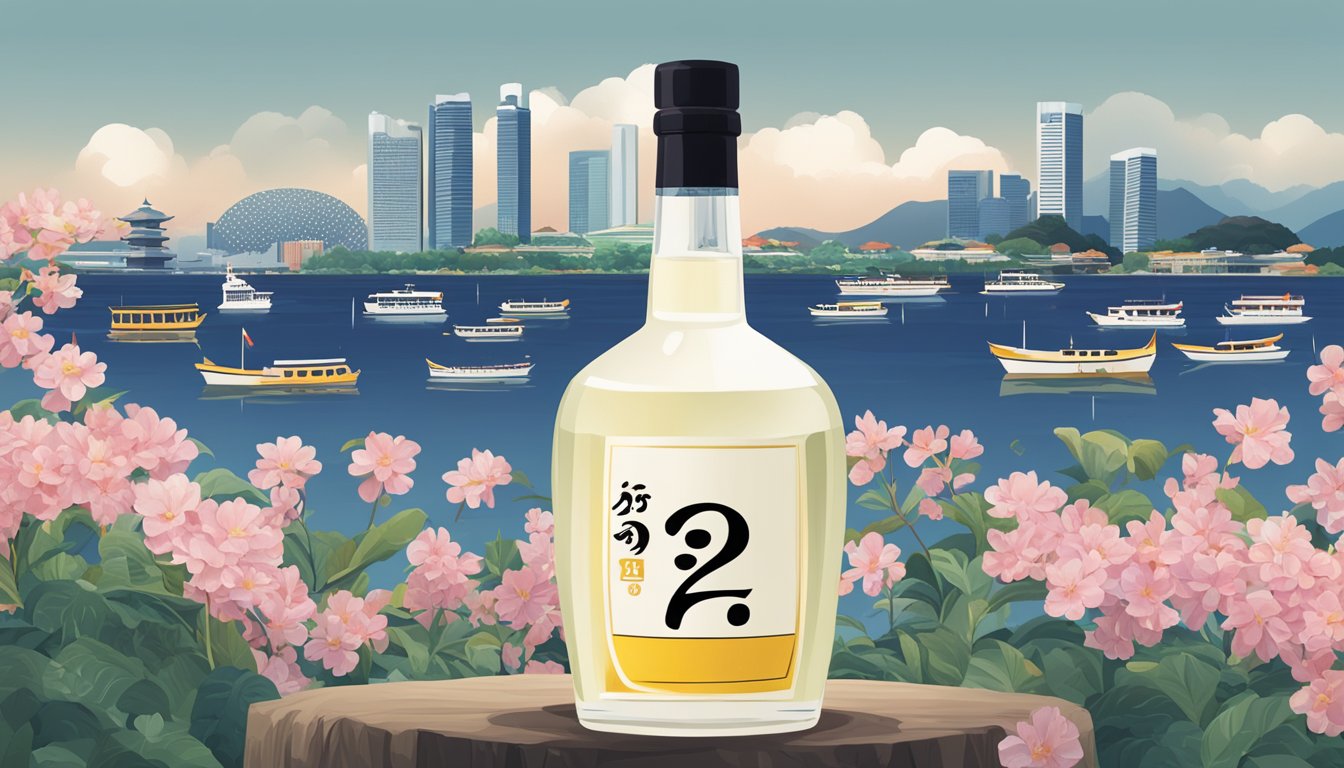 A bottle of Dassai 23 sake surrounded by question marks and a Singaporean backdrop