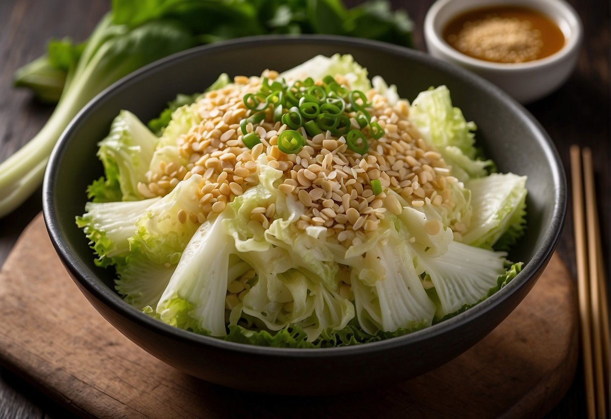 A bowl of Chinese napa cabbage salad surrounded by ingredients like sesame seeds, green onions, and a tangy dressing