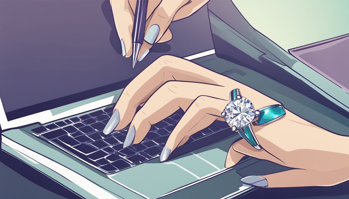 A hand clicks "add to cart" on a diamond ring website, entering payment details