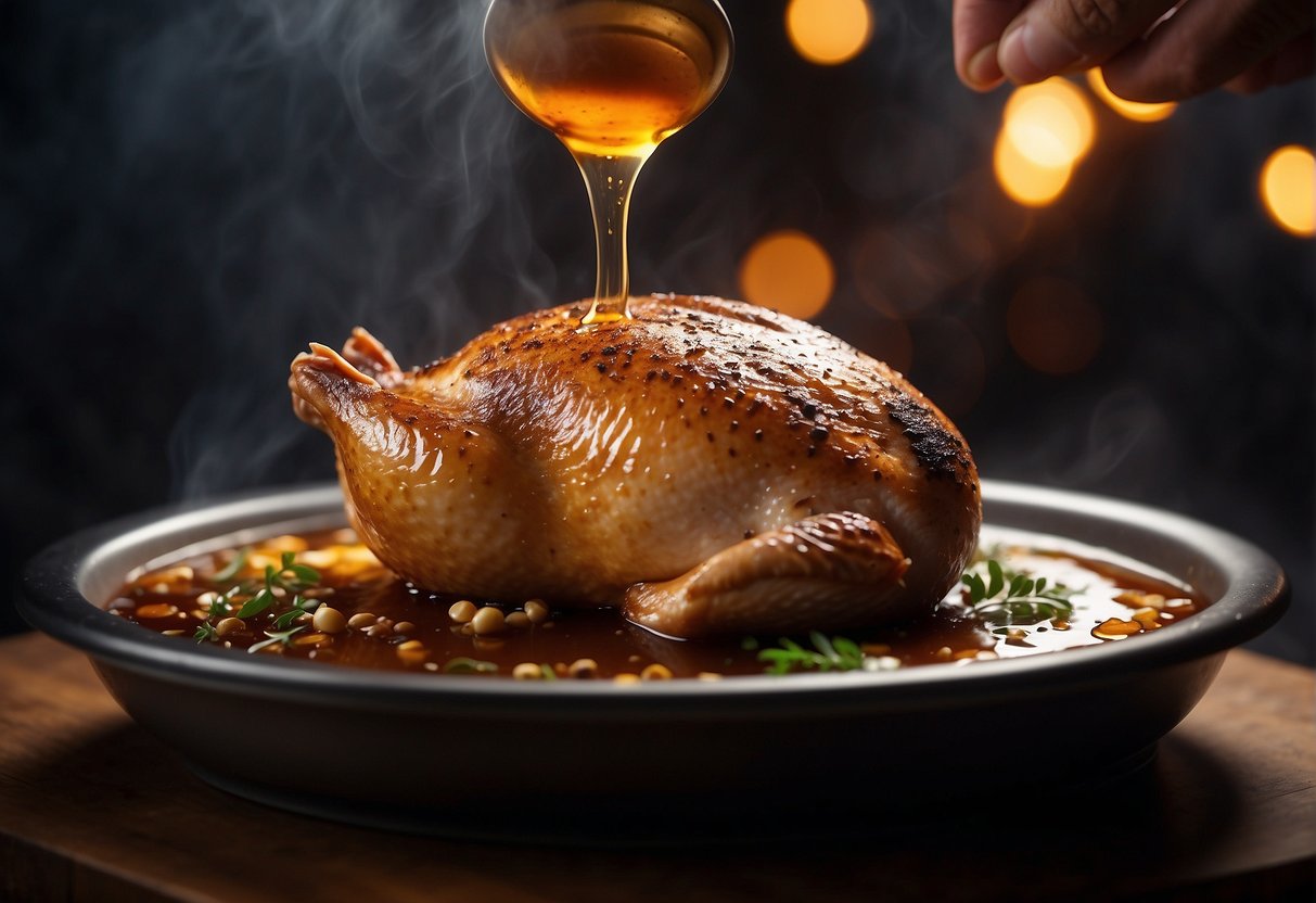 A whole duck turning on a spit over an open flame, with a glaze of soy sauce, honey, and spices being brushed onto the skin