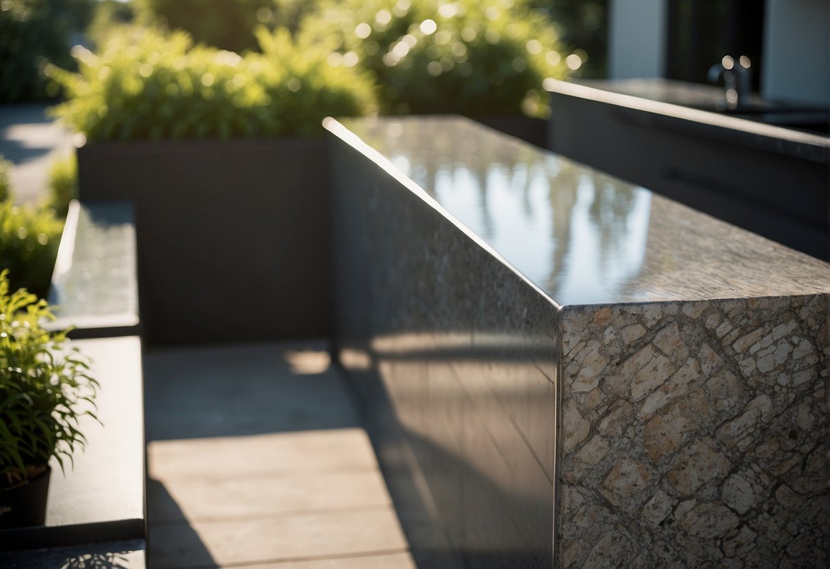 A granite outdoor countertop with a sleek, modern design, surrounded by lush greenery and bathed in warm sunlight